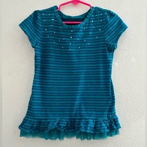 Striped Teal Kids Shirt with Ruffle Hem. Cute blouse size small 5/6